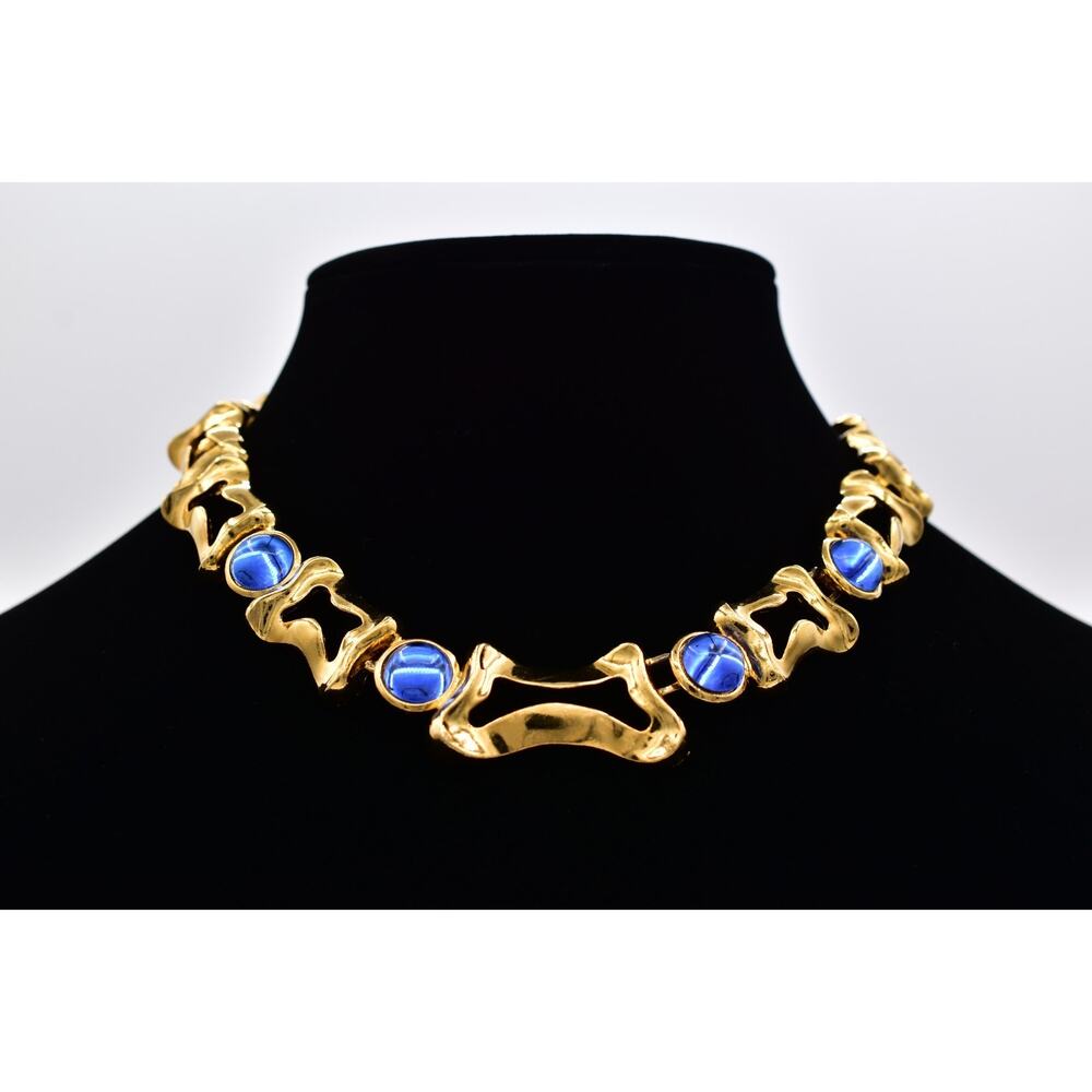 Vintage Gold Blue Cabochon Statement Collar Necklace Modernist Sculptural BinBM